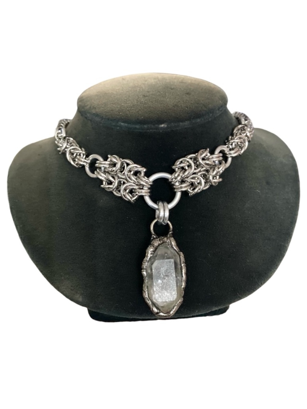 Smoky herkimer diamond crystal on handmade maille stainless steel chain